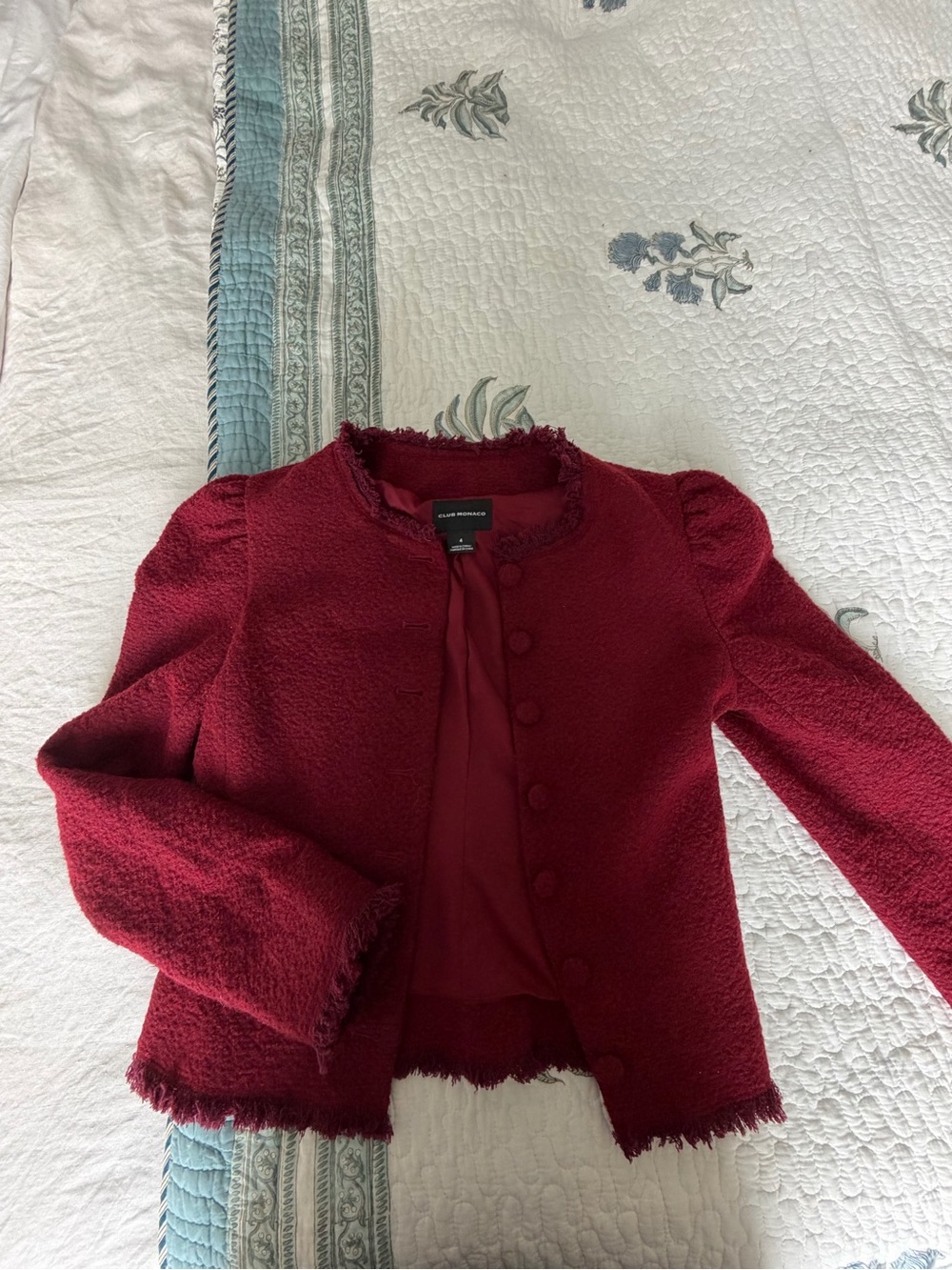 Club Monaco Burgundy Fringe Bouclé Blazer